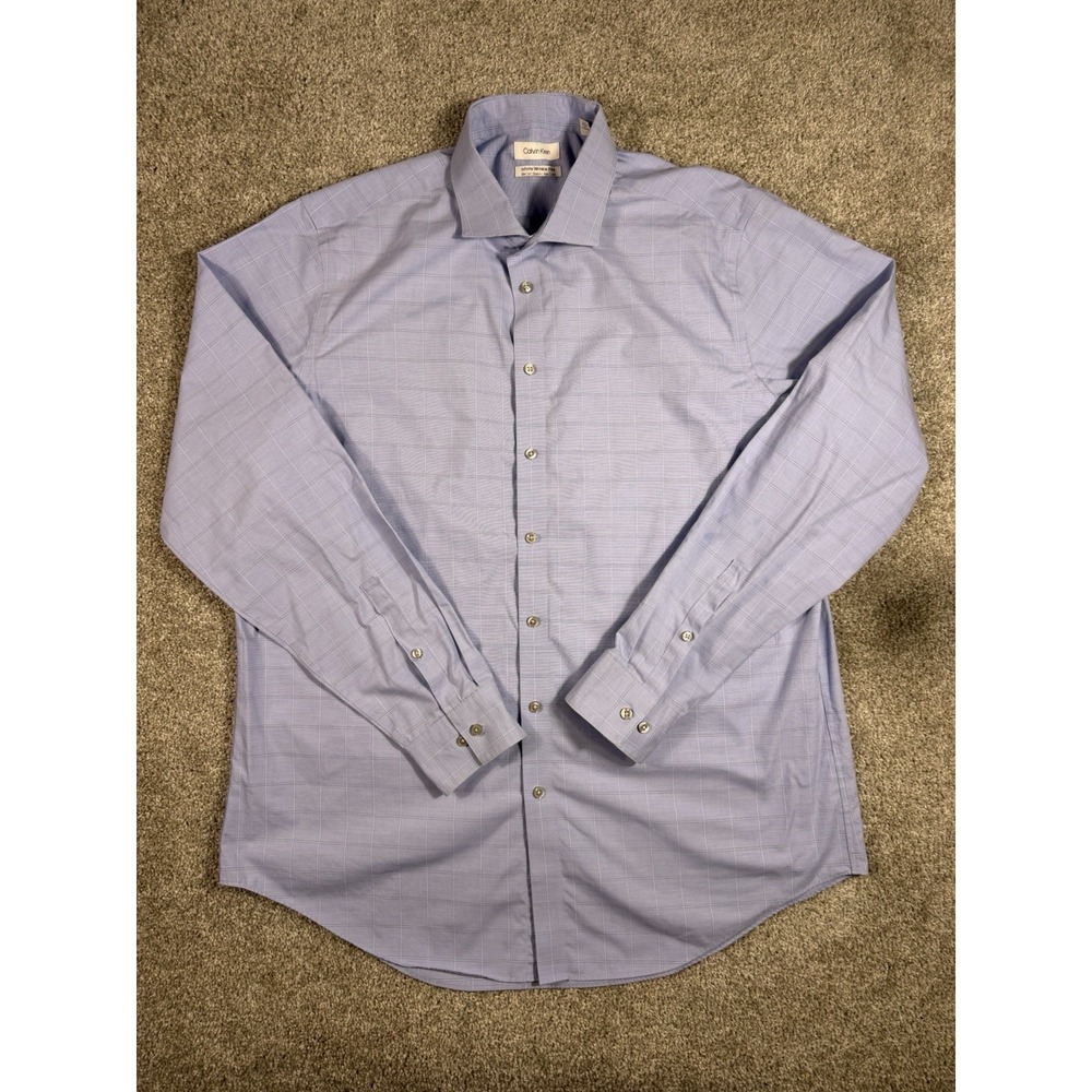 Camisa Calvin Klein Hombre Azul Cuadros Manga Larga Talla 17.5 36/37 SlimStretch